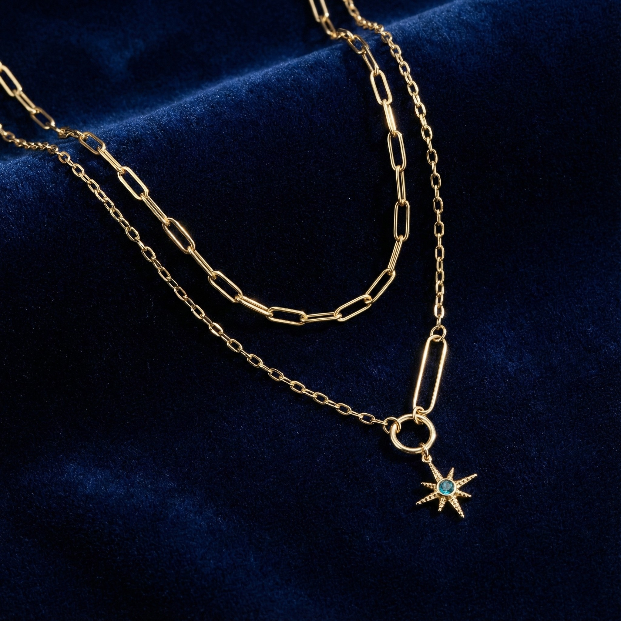 Złoty Naszyjnik Warstwowy NORTH STAR – Twój Kompas (Stal Szlachetna z Niebieskim Oczkiem)