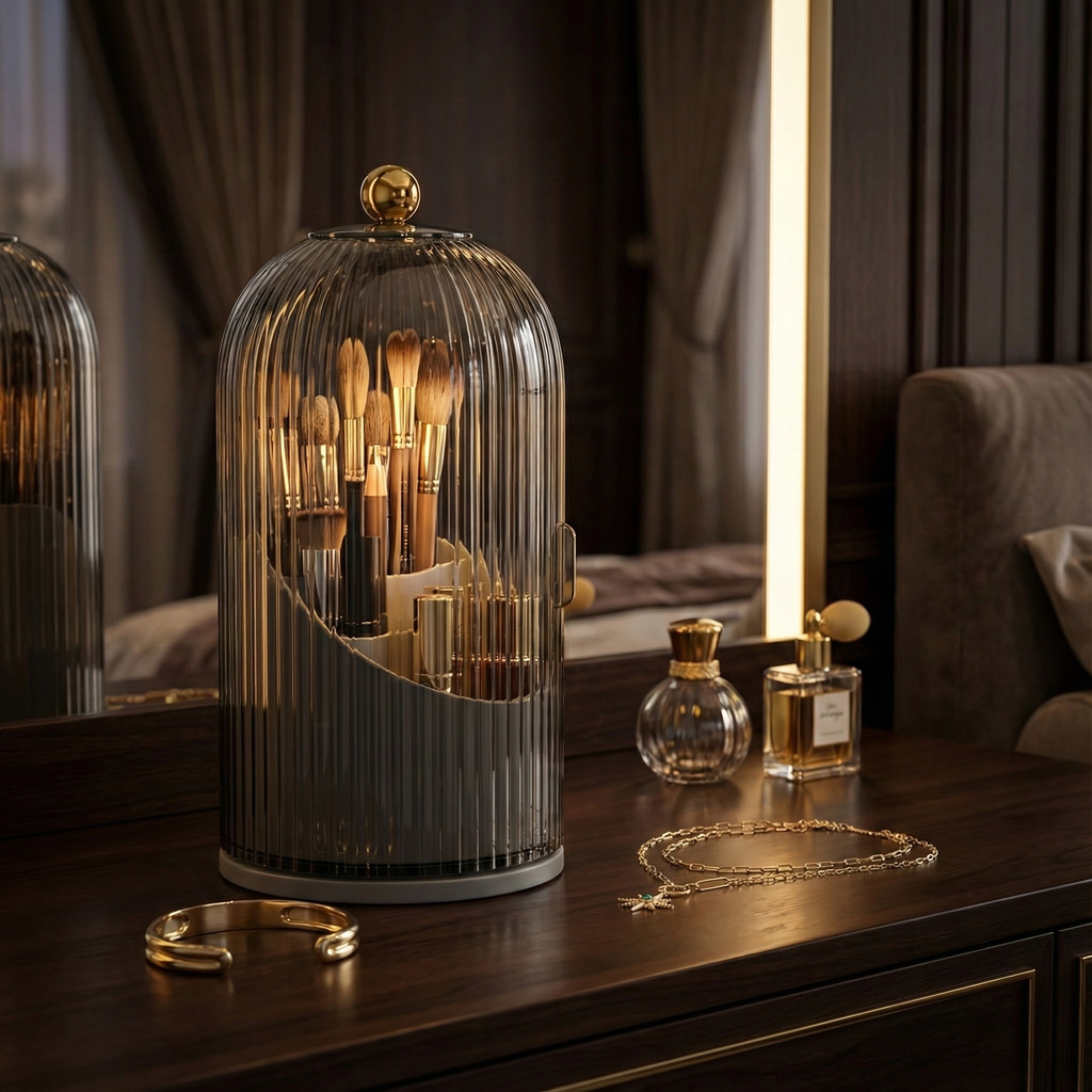 Organizer Obrotowy PRO MAKEUP – Kapsuła "Anti-Dust" ze Złotym Uchwytem (Ochrona Pędzli)